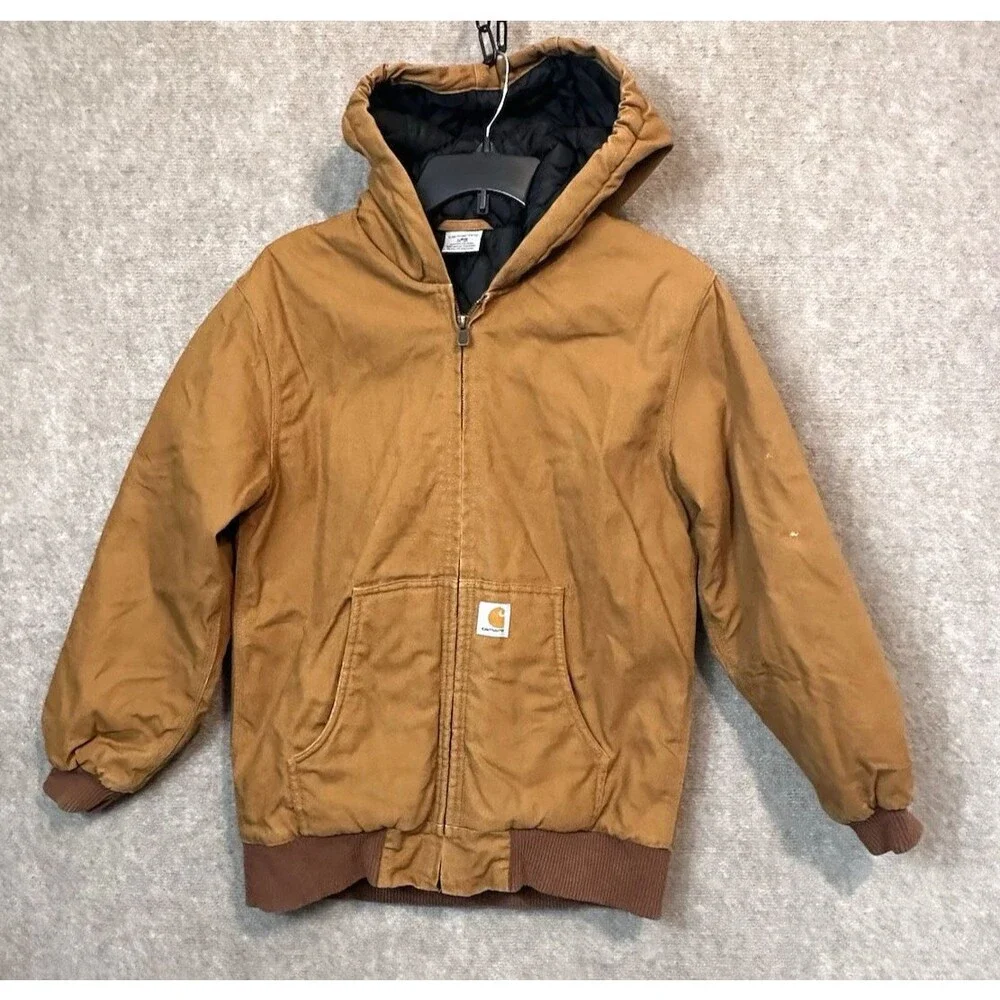 Carhartt Jacket Brown Canvas Jacket Youth Large 14-16 Coat Quilt Lining Hooded